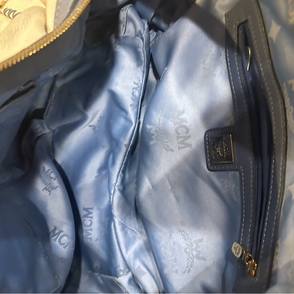 MCM Munich Leather Satchel Top Handle Bag Cream Blue Gold Hardware - Picture 11 of 13
